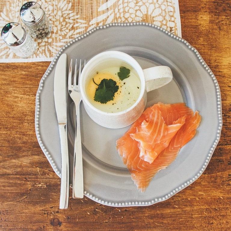 Steamed egg in a cup and salmon