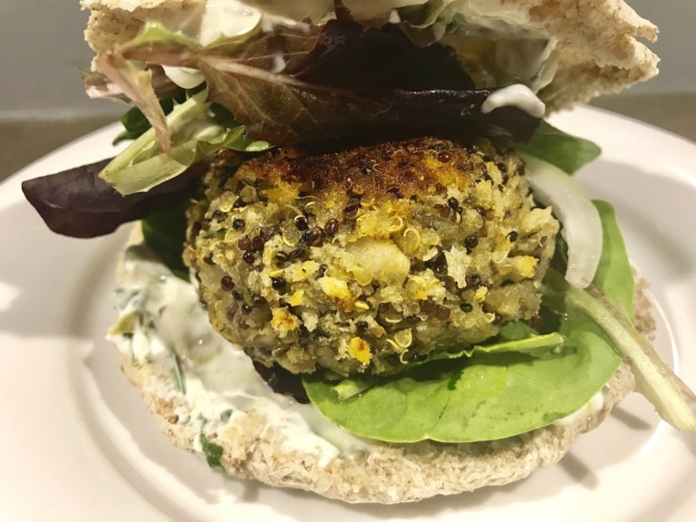 SugarDoctor Recipe Homemade veggie burger in a bun with salad