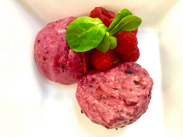 Homemade raspberry ice cream in a bowlSugarDoctor Recipe